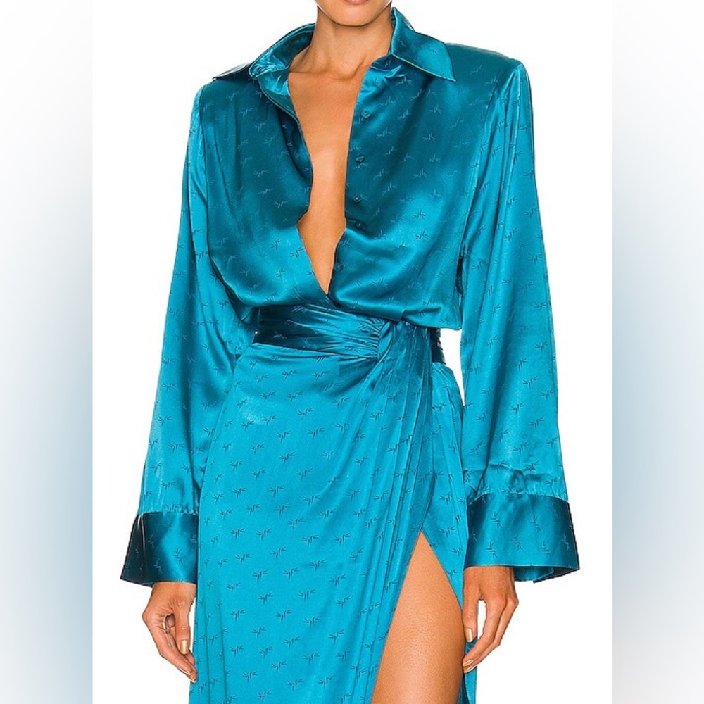 REVOLVE Ronny Kobo Faith Top Caneel Bay Blue  Blue Satin Jacquard NWT M